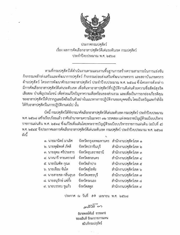 ประกาศกรมปศุสัตว์ เรื่อง ผลการคัดเลือกอาสาปศุสัตว์ดีเด่นระดับเขต กรมปศุสัตว์ ประจำปีงบประมาณ พ.ศ.2568